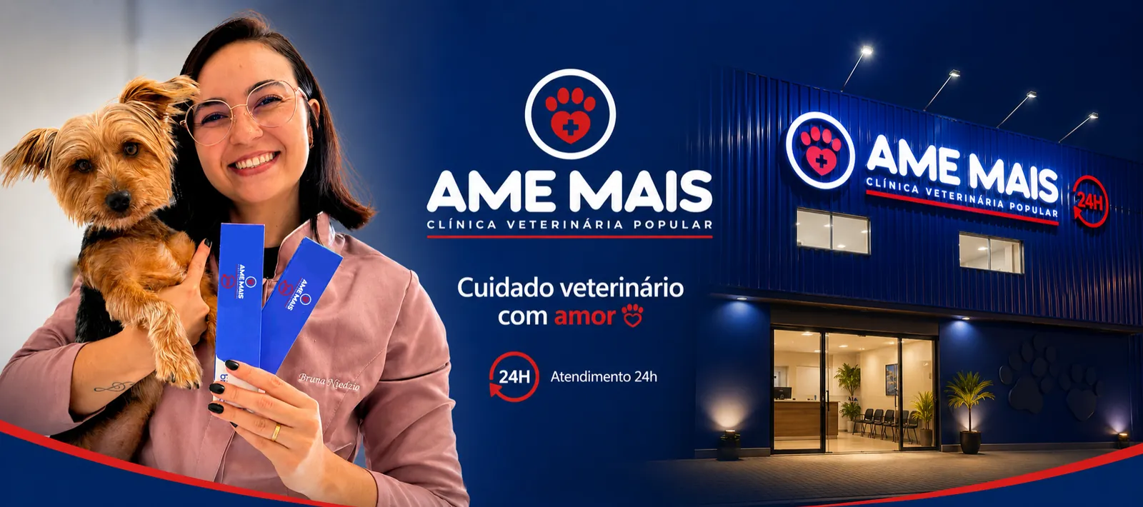Banner da Ame Mais Clínica Veterinária Popular: cuidado veterinário com amor e atendimento 24h, com profissional segurando cão e fachada da clínica