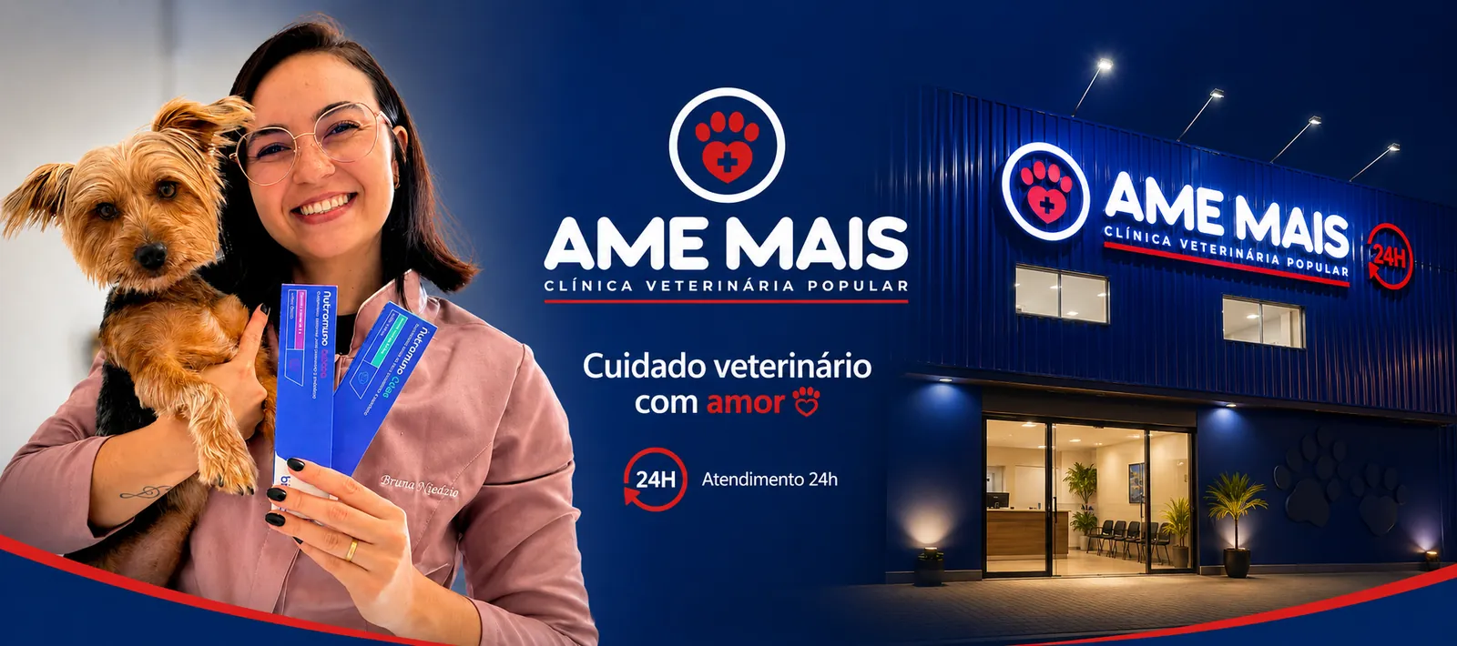 Banner da Ame Mais Clínica Veterinária Popular: cuidado veterinário com amor e atendimento 24h, com profissional segurando cão e fachada da clínica