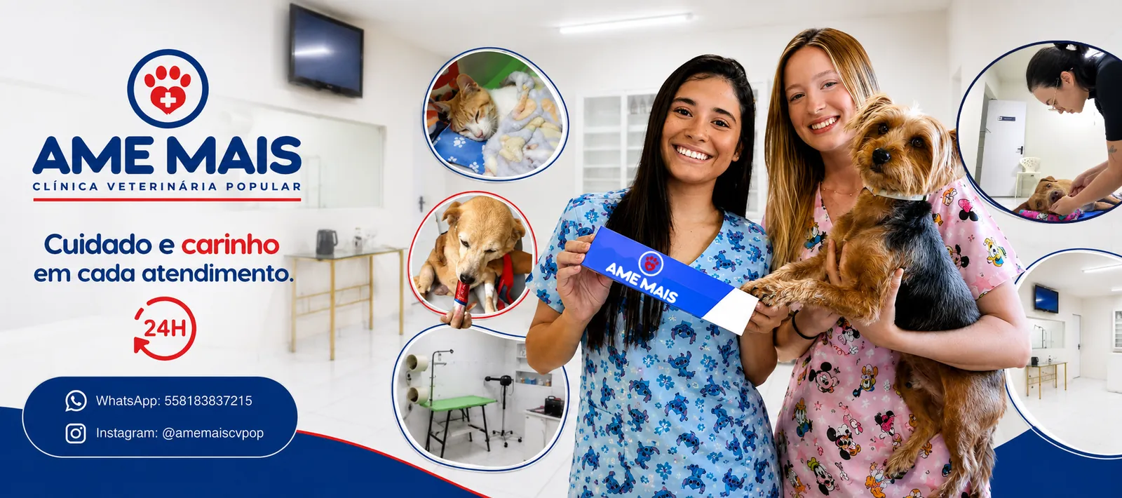 Banner da Ame Mais: cuidado e carinho em cada atendimento, 24 horas, com equipe da clínica e pets