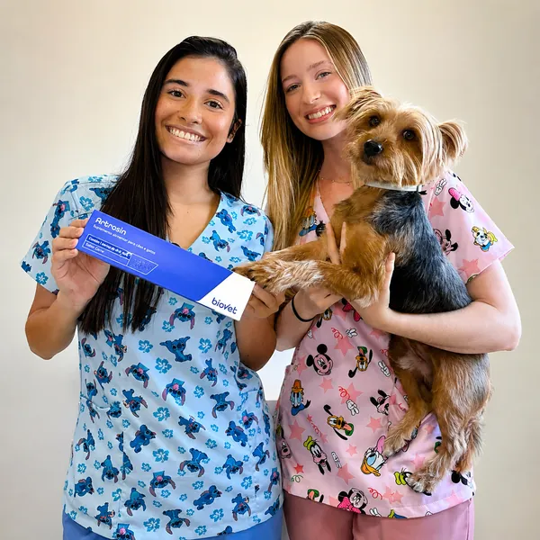 Duas profissionais da Ame Mais com cão e suplemento veterinário